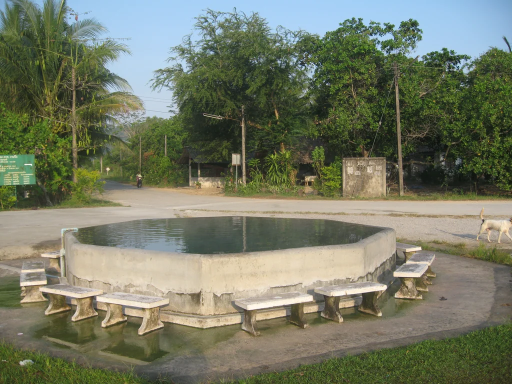 Open-air local hot-spring pool surrounded by trees in Ranong Province